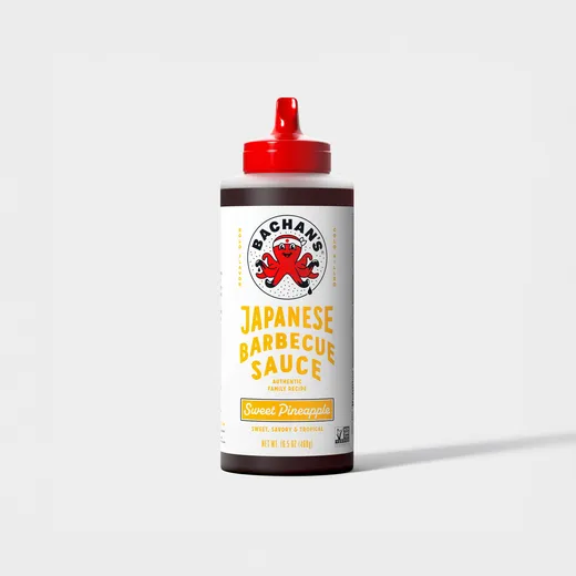 A bottle of Bachan's Japanese Barbecue Sauce in the Sweet Pineapple flavor shown against a plain white background.