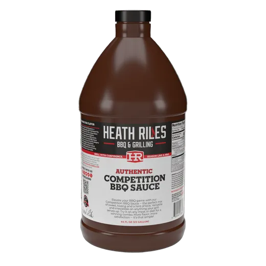 A large half-gallon jug of Heath Riles Competition BBQ Sauce on a white background.