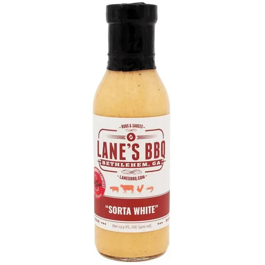 A full bottle of Lane's BBQ Sorta White sauce centered on a white background.