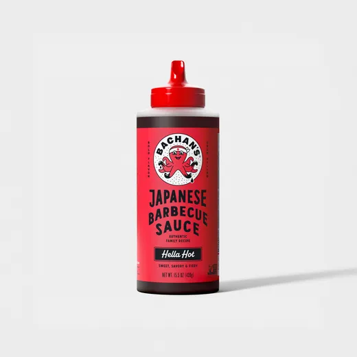 A bottle of Bachan's Japanese Barbecue Sauce in the Hella Hot flavor against a plain background.