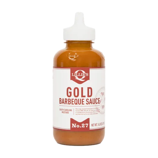 A front-view product shot of Lillie's Q Gold Barbeque Sauce in a plastic bottle.
