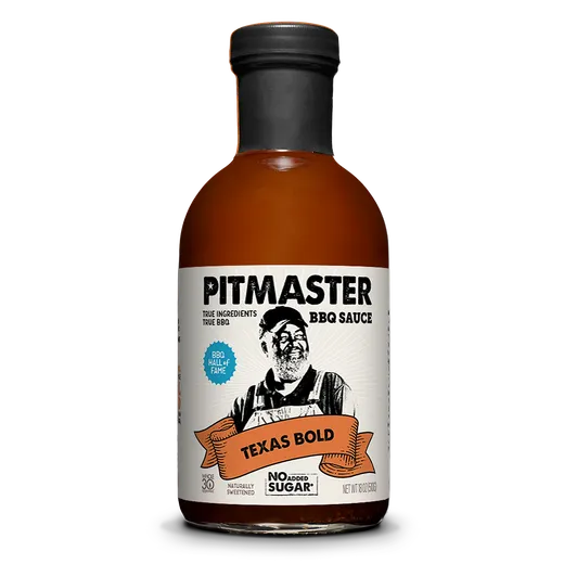 A bottle of Pitmaster Texas Bold BBQ sauce on a plain background.