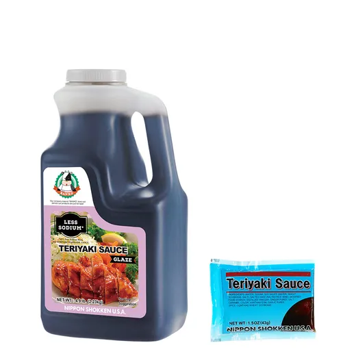 A large bottle of Banko Teriyaki Sauce next to a single-serving packet.