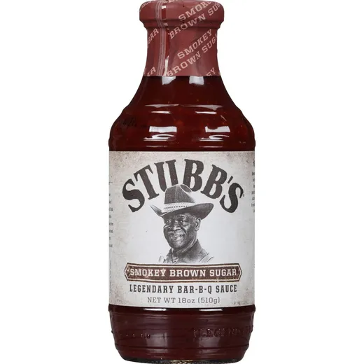 A bottle of Stubb's Smokey Brown Sugar BBQ sauce.