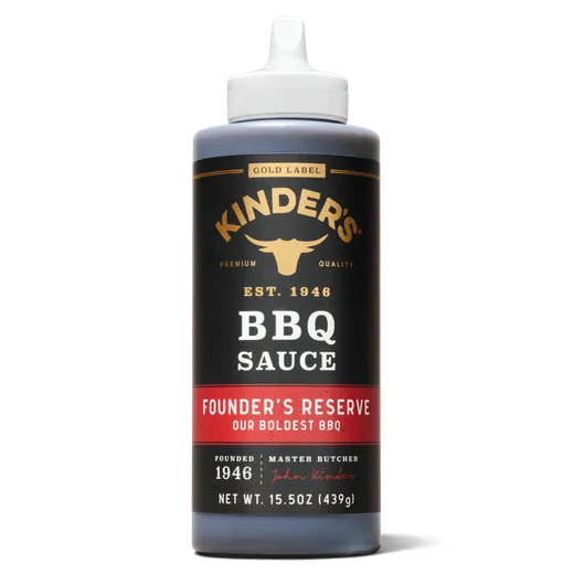 A bottle of Kinder's Founder's Reserve BBQ sauce stands on a plain background.