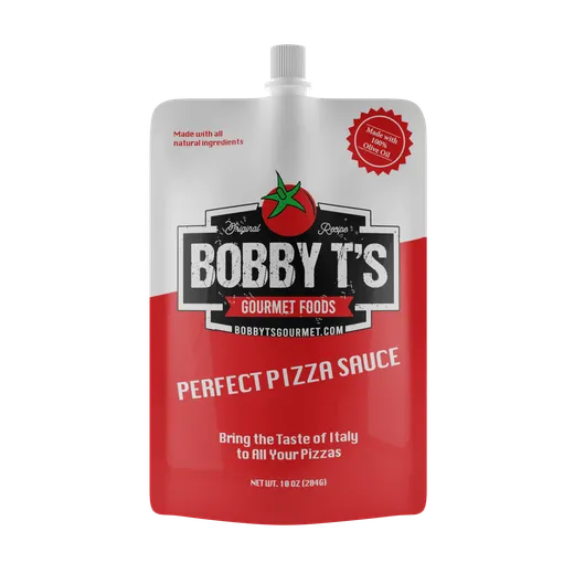 A pouch of Bobby T's Perfect Pizza Sauce against a black background.